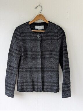 Gerard Darel Paris Charcoal Black Striped Knit Collarless Jacket Blazer Size 36